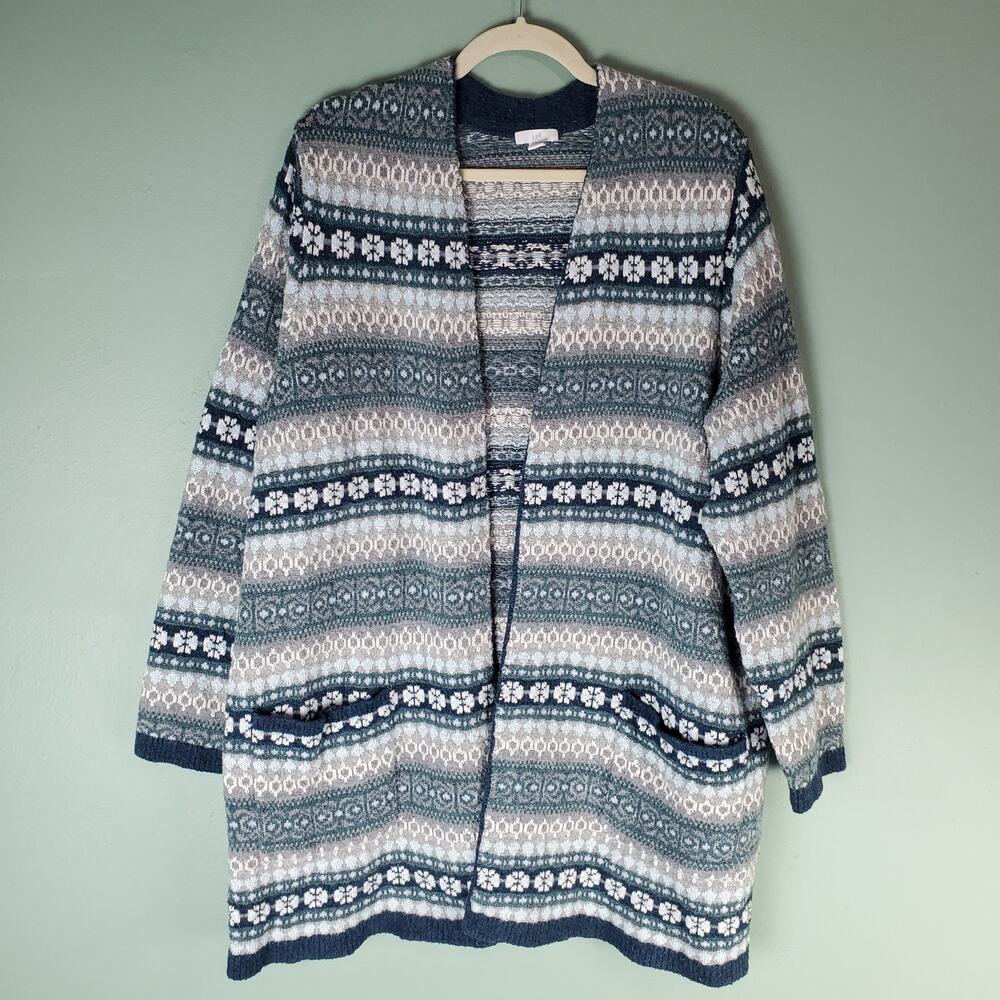J. Jill Fair Isle Grandma Core Blue Multicolor Longline Open Front Cardigan XL